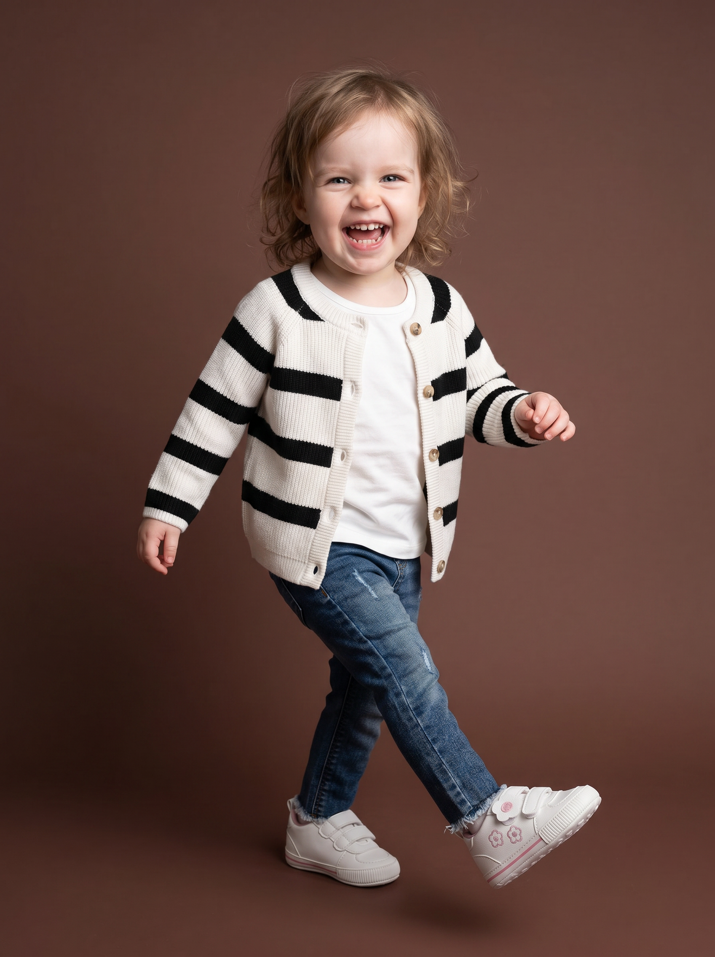 Cardigan girocollo rigato per bambina - Bianco-nero