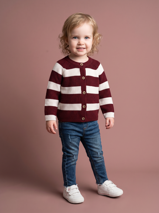 Cardigan girocollo rigato per bambina - Bordeaux