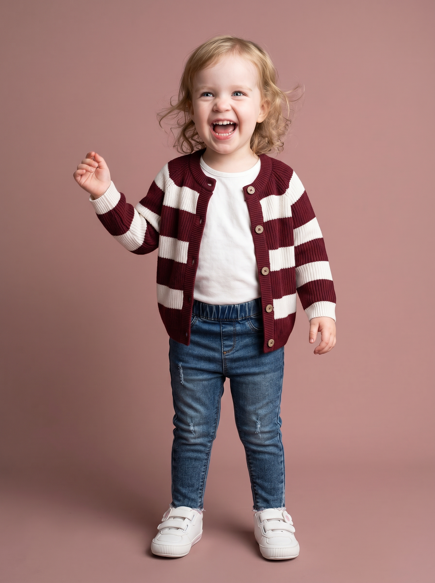 Striped crew neck cardigan for girls - Red