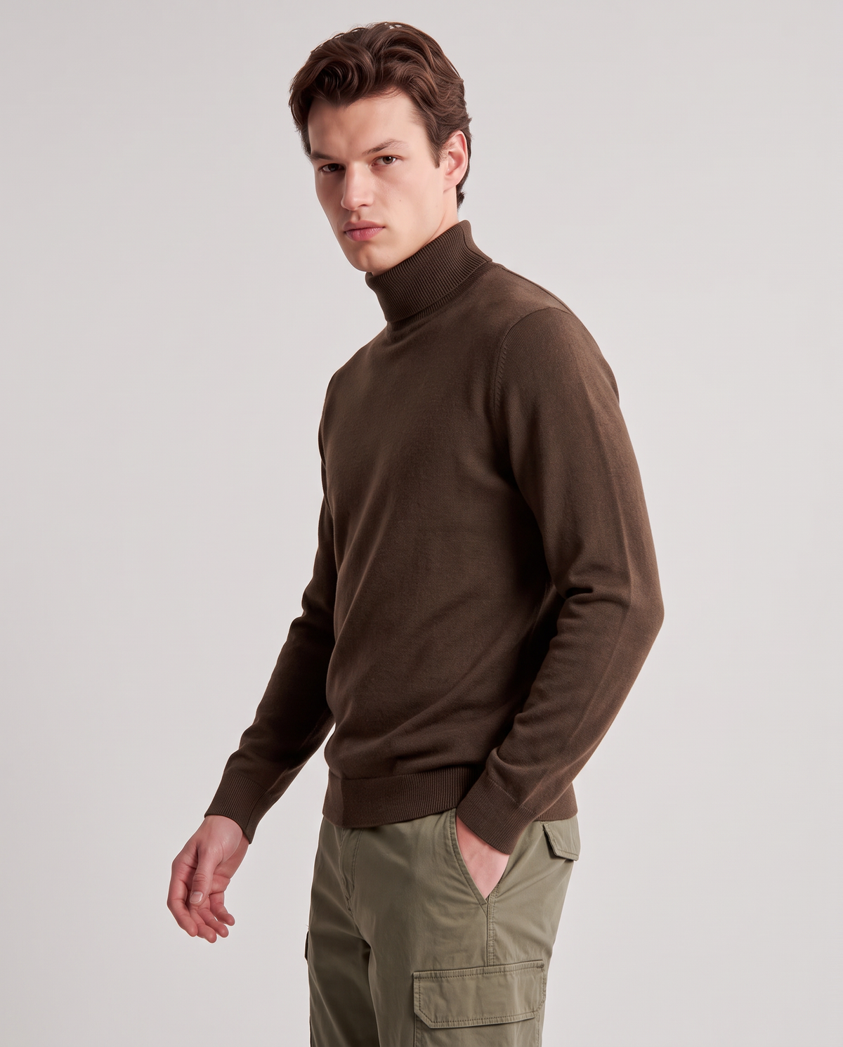 High Neck Regular Fit Basic Sweater - Brown