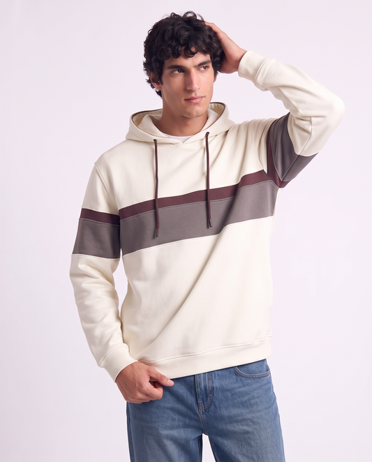 Felpa con cappuccio e fascia contrasto - Bianco sporco