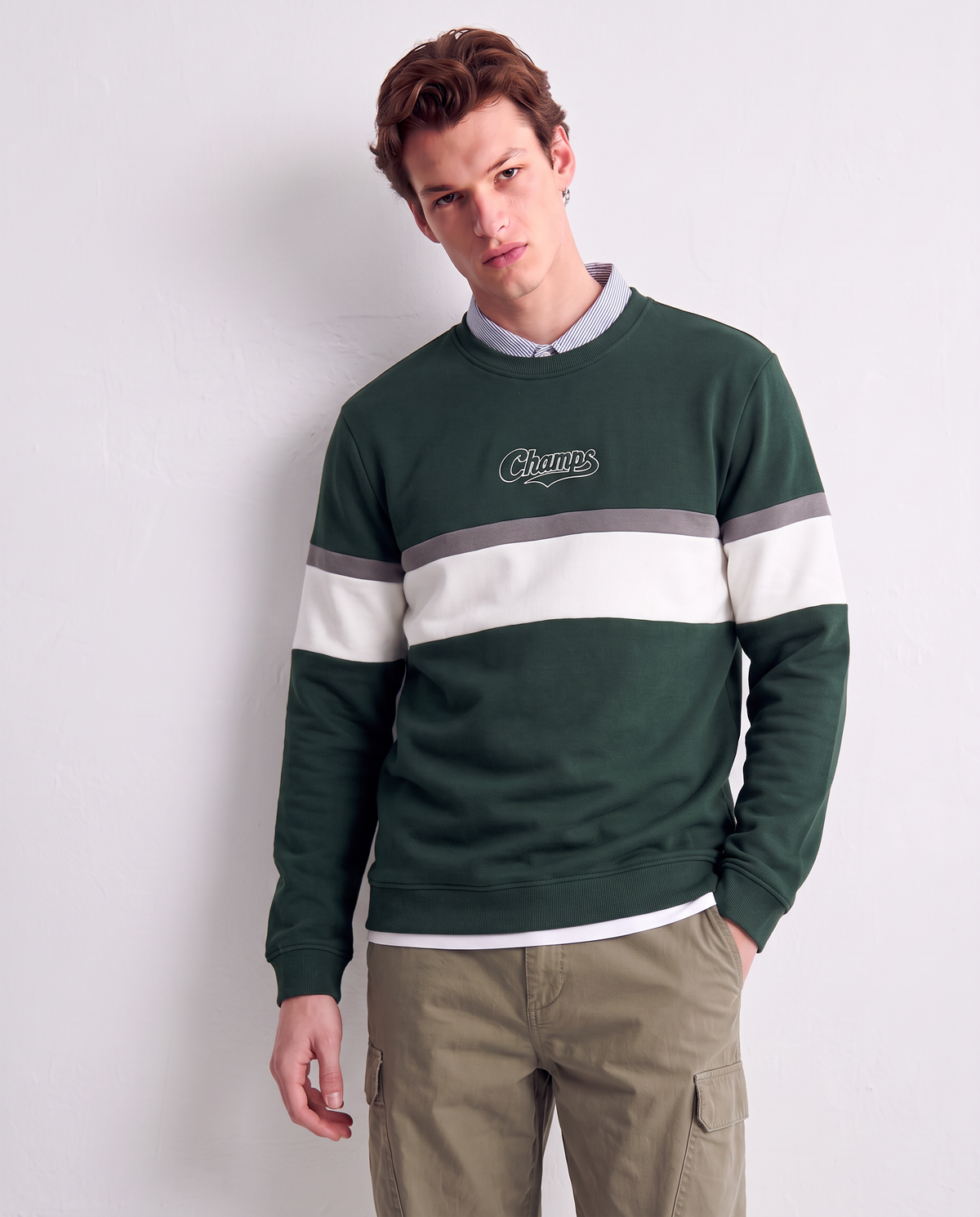 Crewneck sweatshirt with embroidery and contrast band - Green