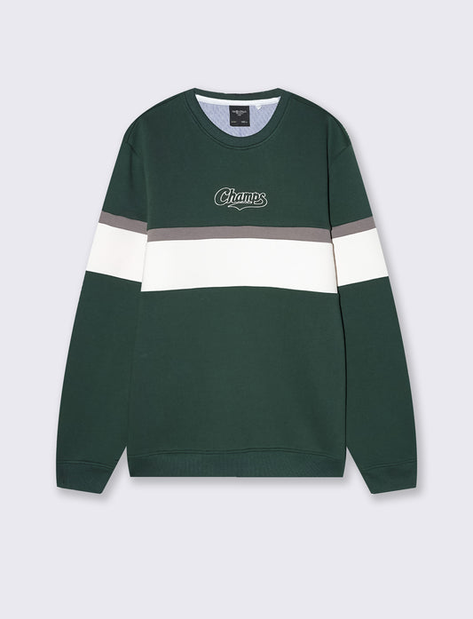 Felpa girocollo con ricamo e fascia contrasto - Verde scuro