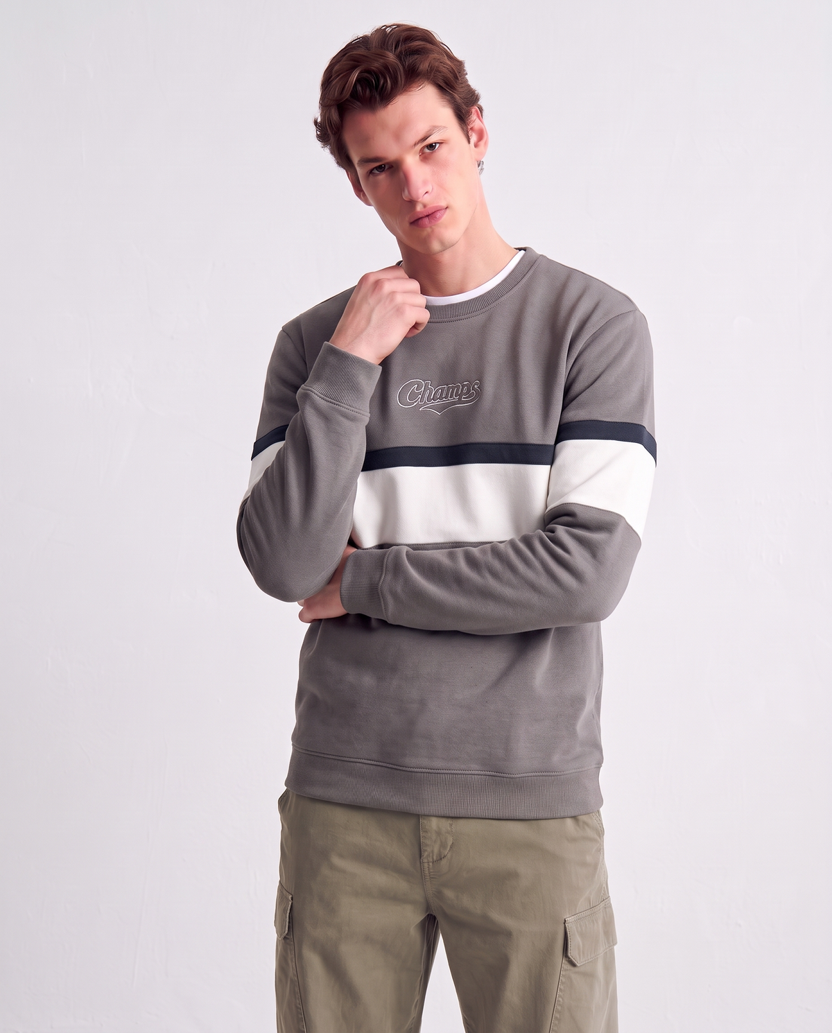 Crewneck sweatshirt with embroidery and contrast band - Grey