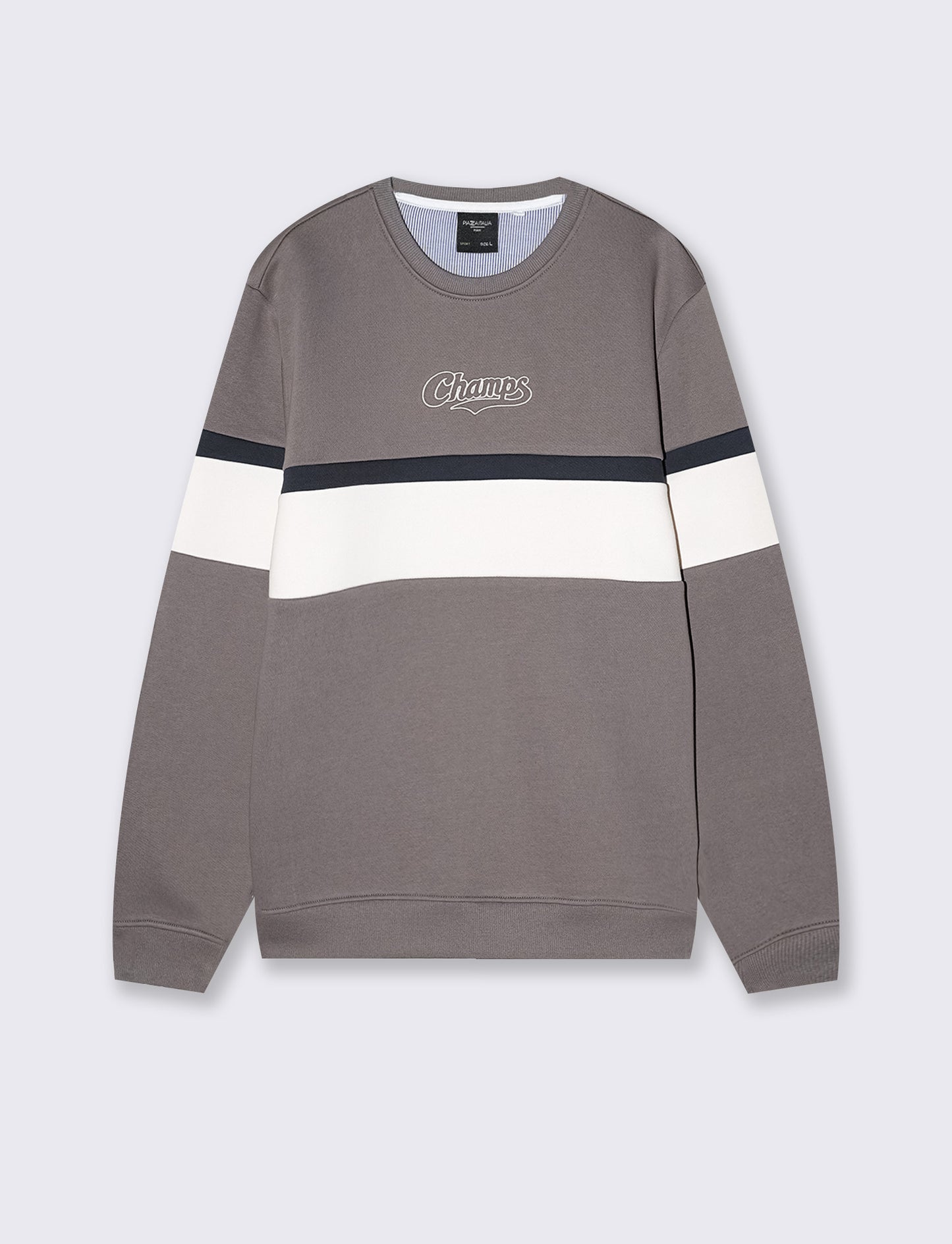 Felpa girocollo con ricamo e fascia contrasto - Grigio