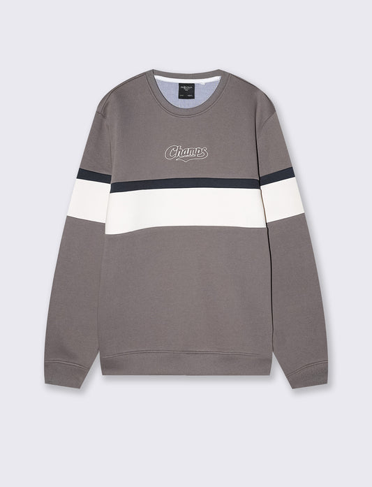 Felpa girocollo con ricamo e fascia contrasto - Grigio