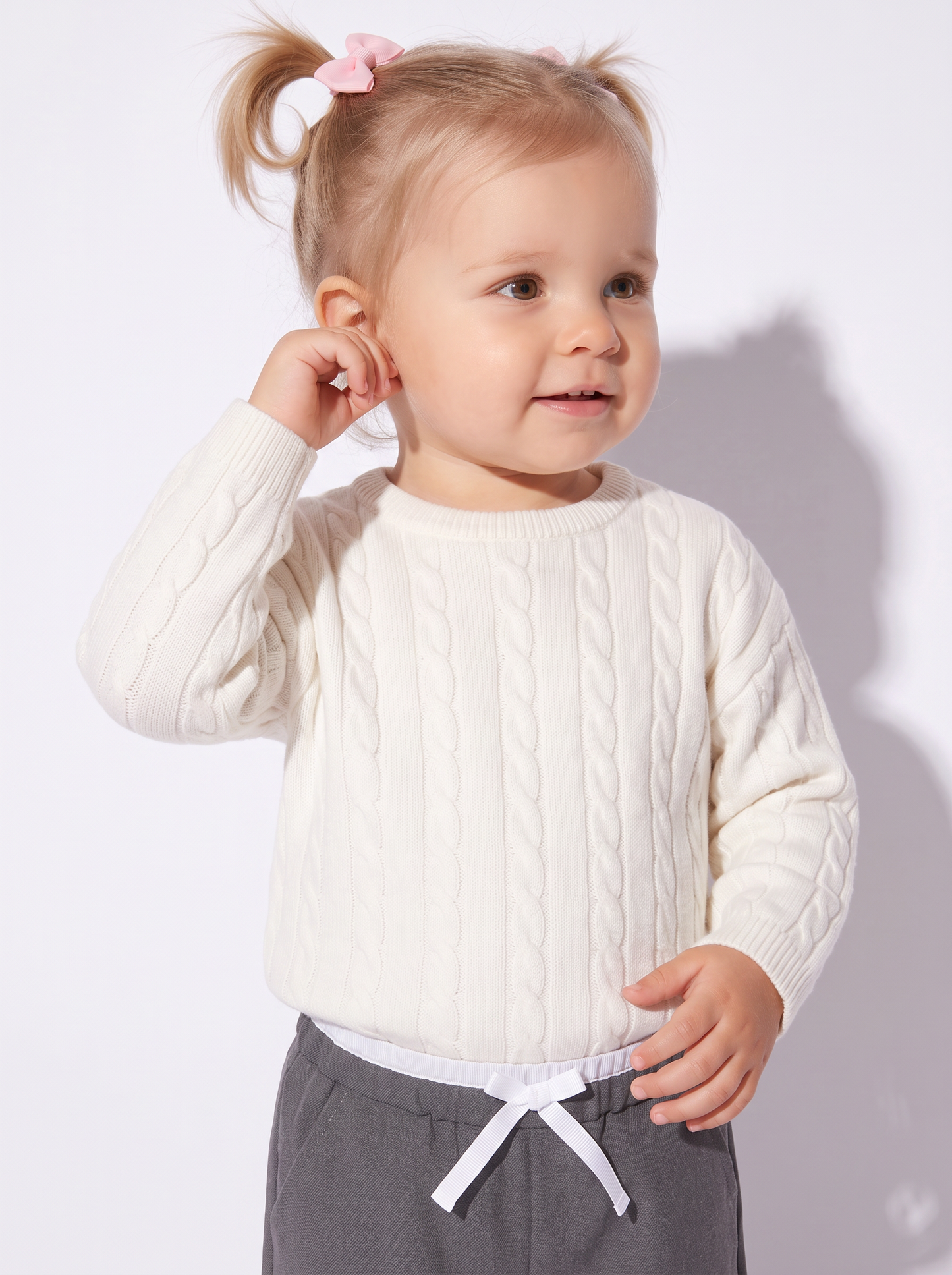 Trendy Cable Knit Crew Neck Sweater - White