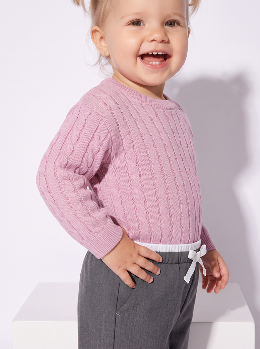 Trendy Cable Knit Crew Neck Sweater - Pink