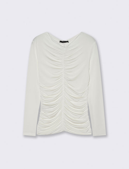 Tshirt elastica manica lunga con arriccio - Bianco latte