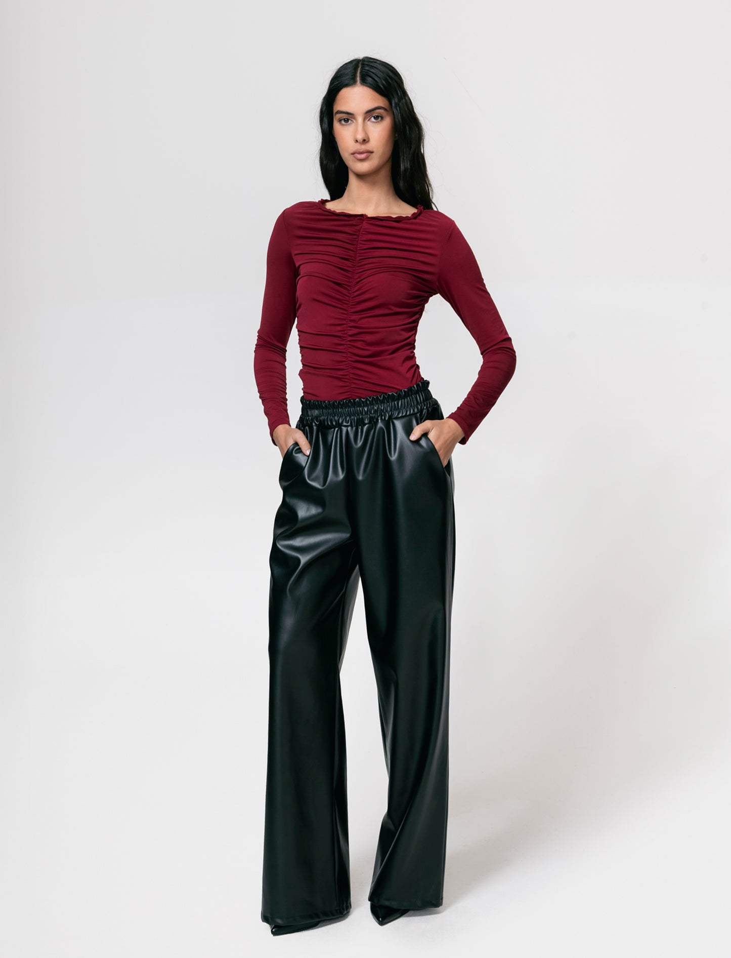 Tshirt elastica manica lunga con arriccio - Bordeaux