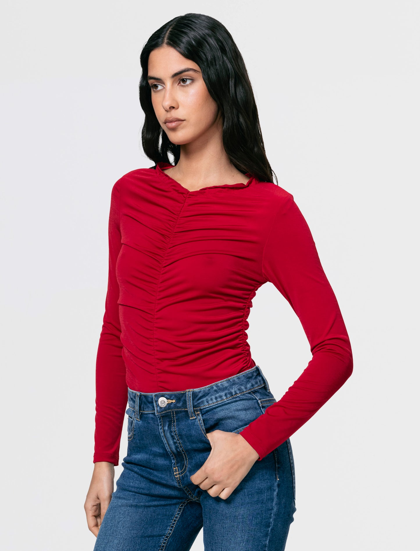 Tshirt elastica manica lunga con arriccio - Rosso