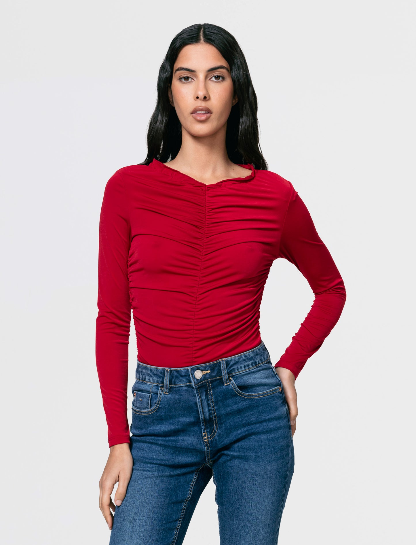 Tshirt elastica manica lunga con arriccio - Rosso