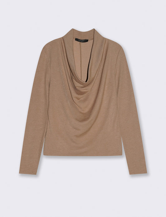 Maglia in tessuto morbido con scollo drappeggiato - Cammello