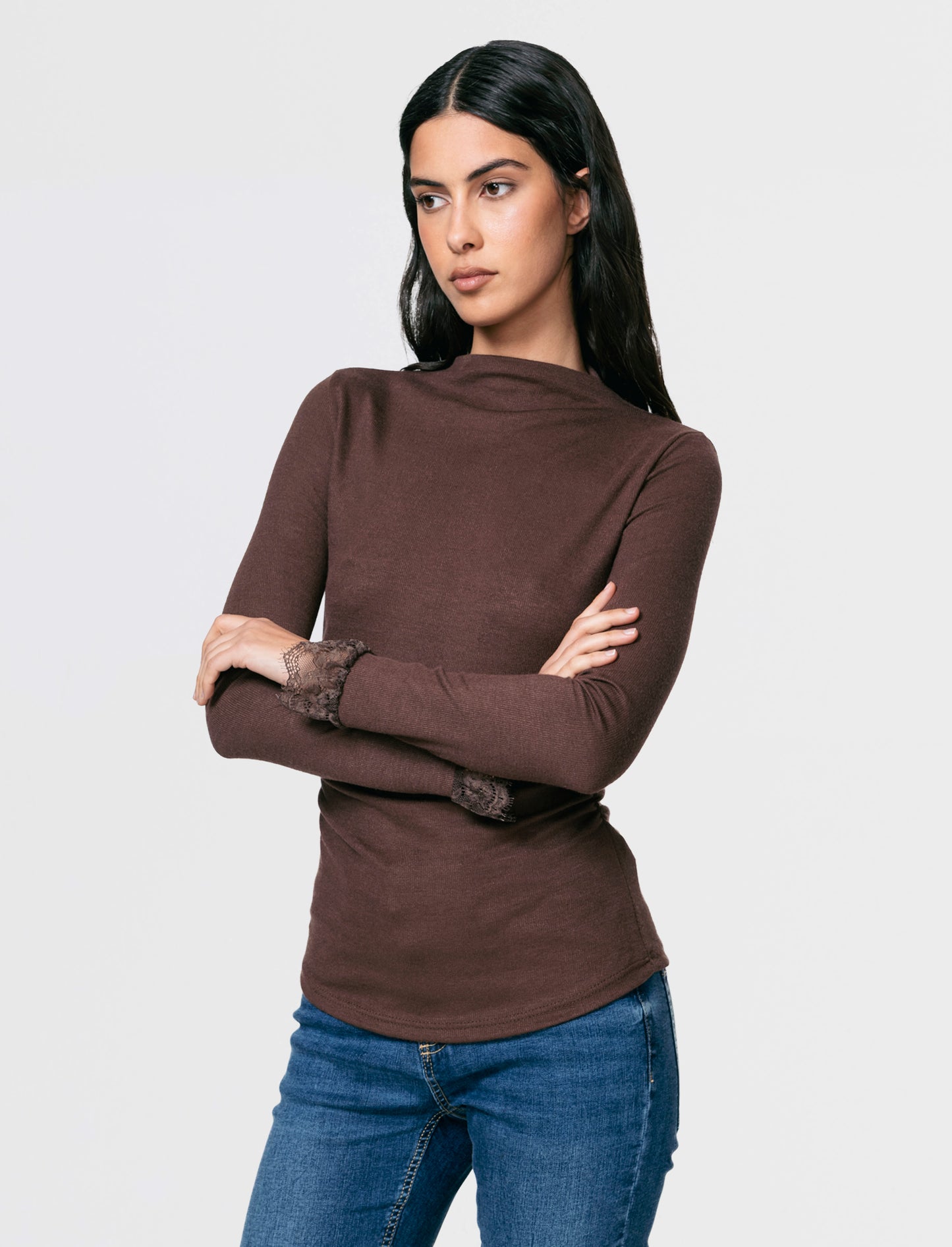 Tshirt manica lunga con pizzo a fondo manica - Moro
