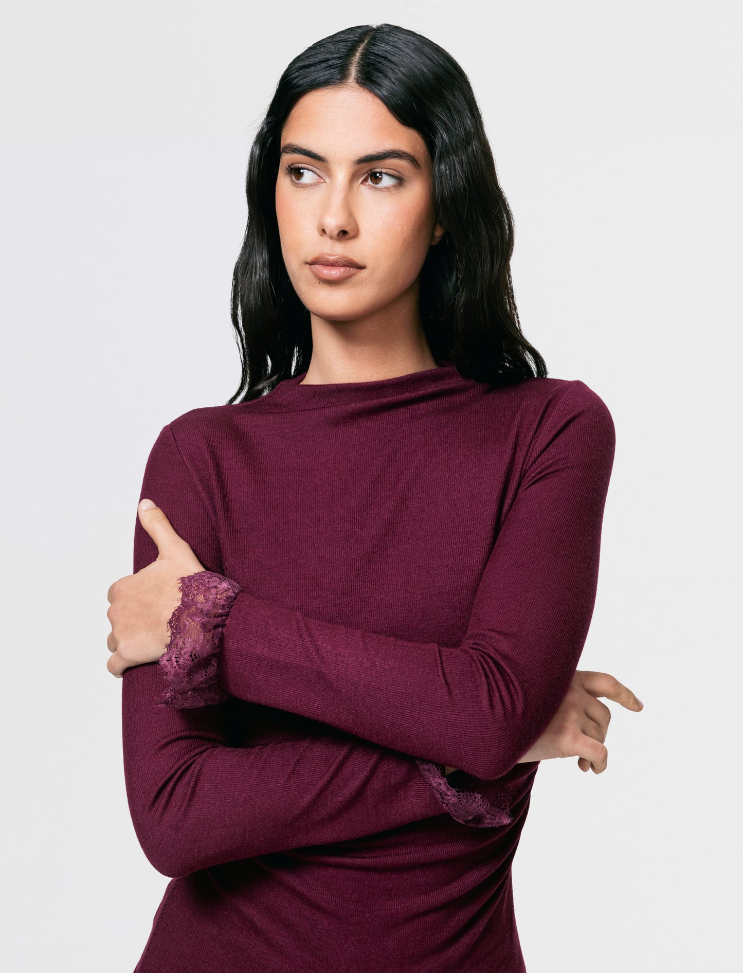 Tshirt manica lunga con pizzo a fondo manica - Bordeaux