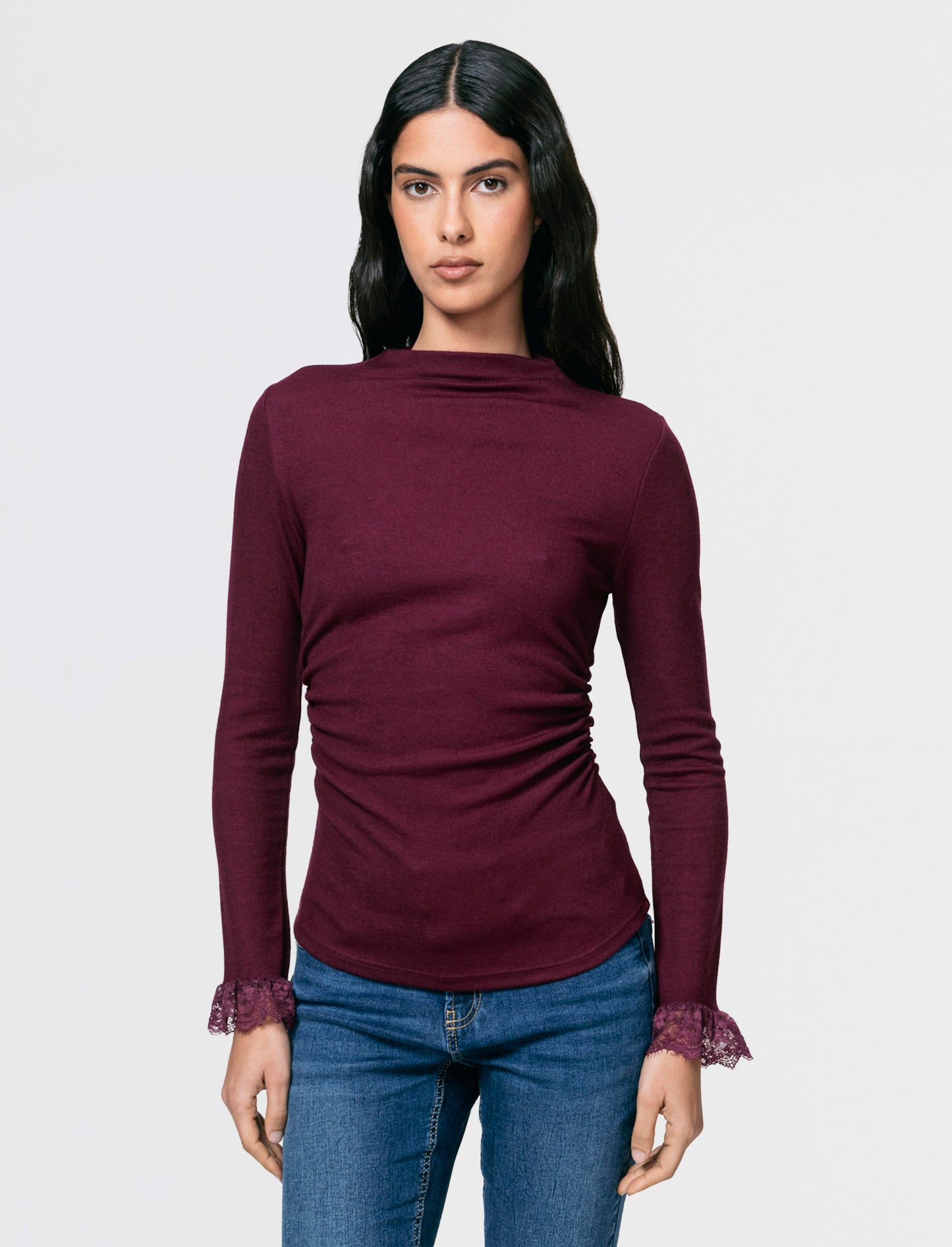 Tshirt manica lunga con pizzo a fondo manica - Bordeaux