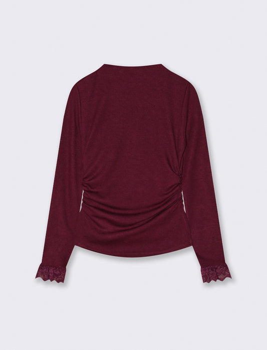 Tshirt manica lunga con pizzo a fondo manica - Bordeaux