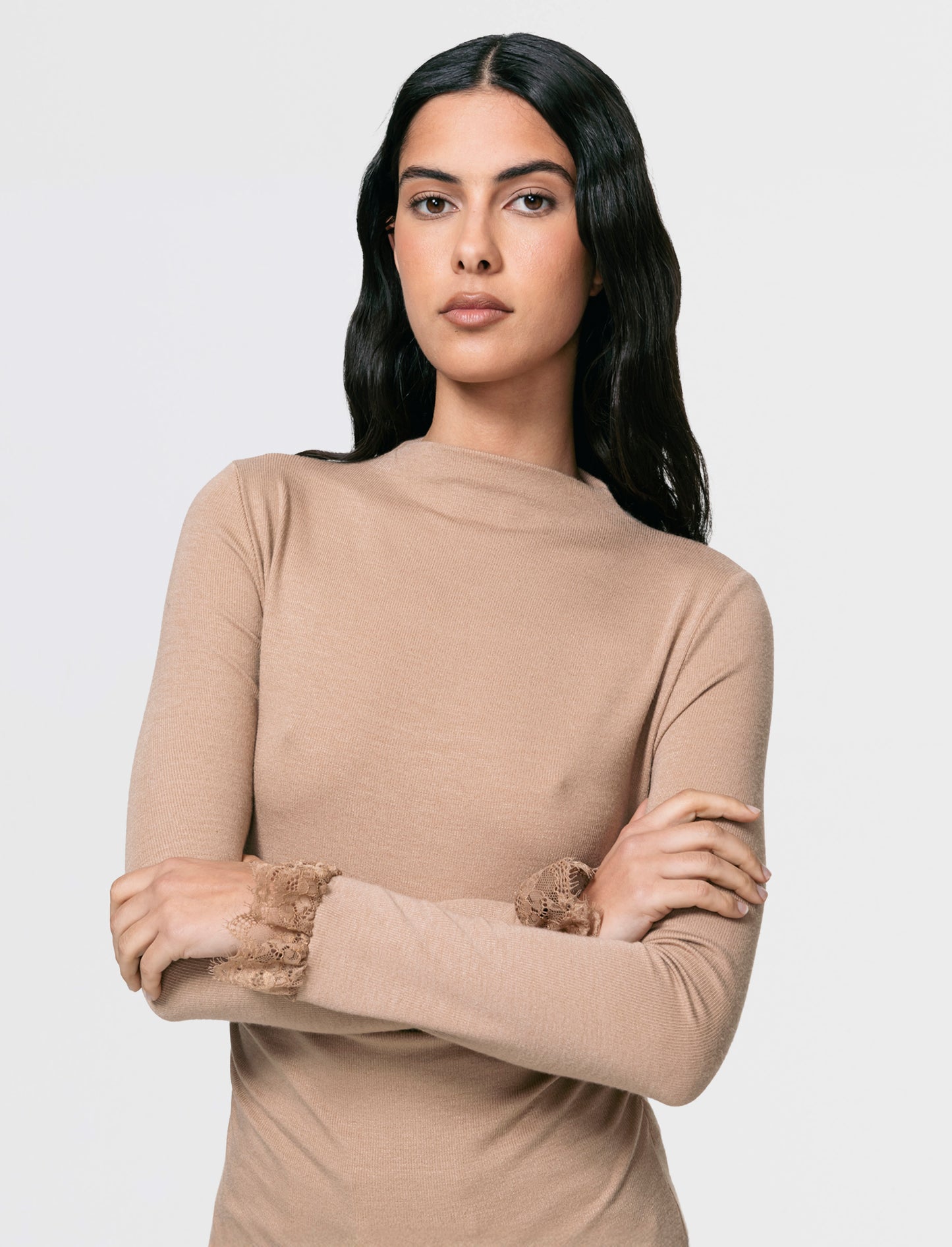 Tshirt manica lunga con pizzo a fondo manica - Cammello