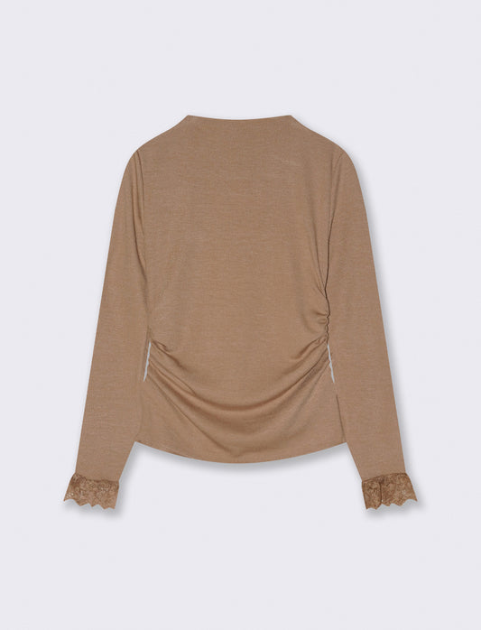 Tshirt manica lunga con pizzo a fondo manica - Cammello
