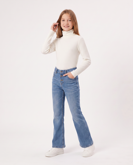 High Neck Ribbed Sweater for Girls - White