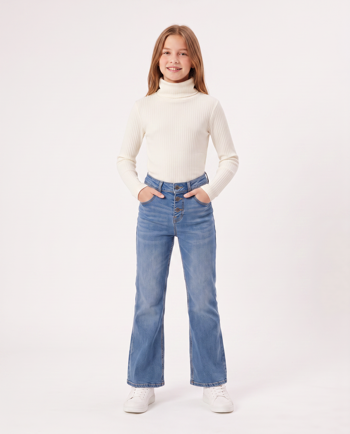 High Neck Ribbed Sweater for Girls - White