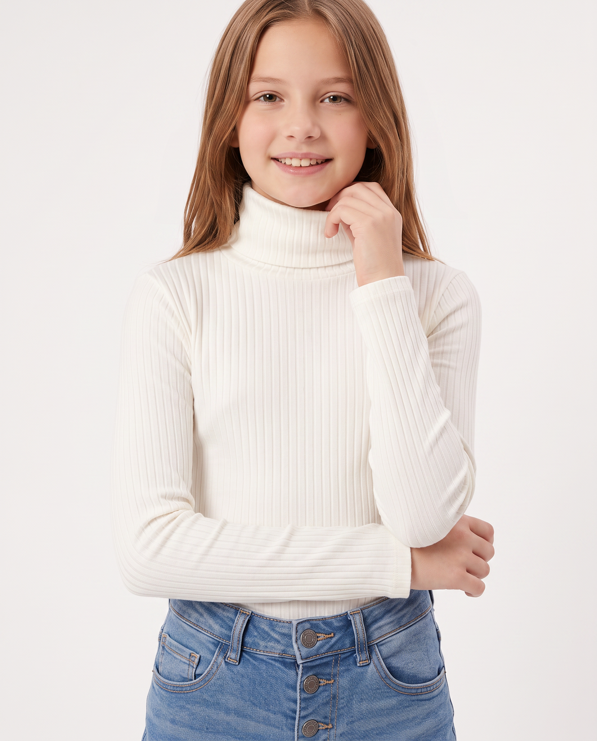 High Neck Ribbed Sweater for Girls - White
