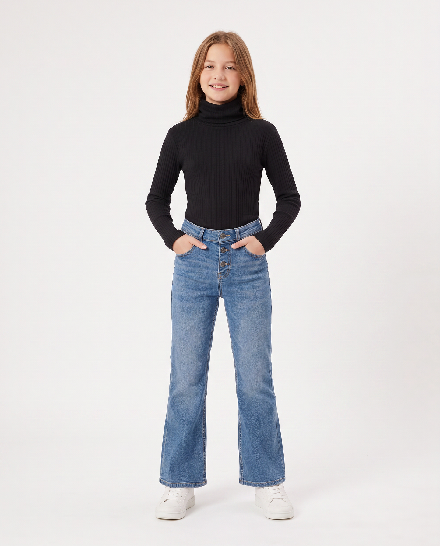 High Neck Ribbed Sweater for Girls - Black