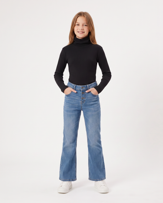 High Neck Ribbed Sweater for Girls - Black