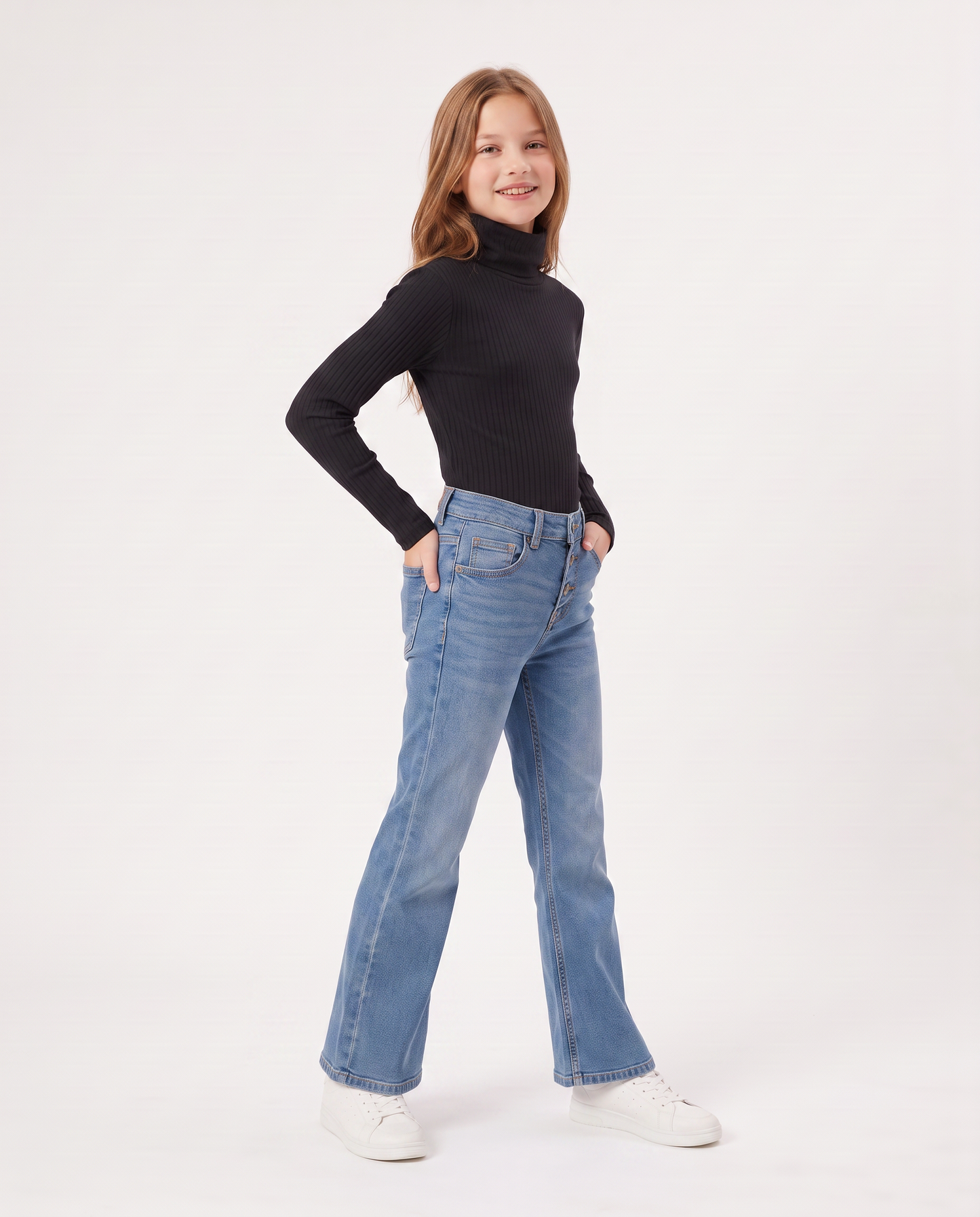 High Neck Ribbed Sweater for Girls - Black