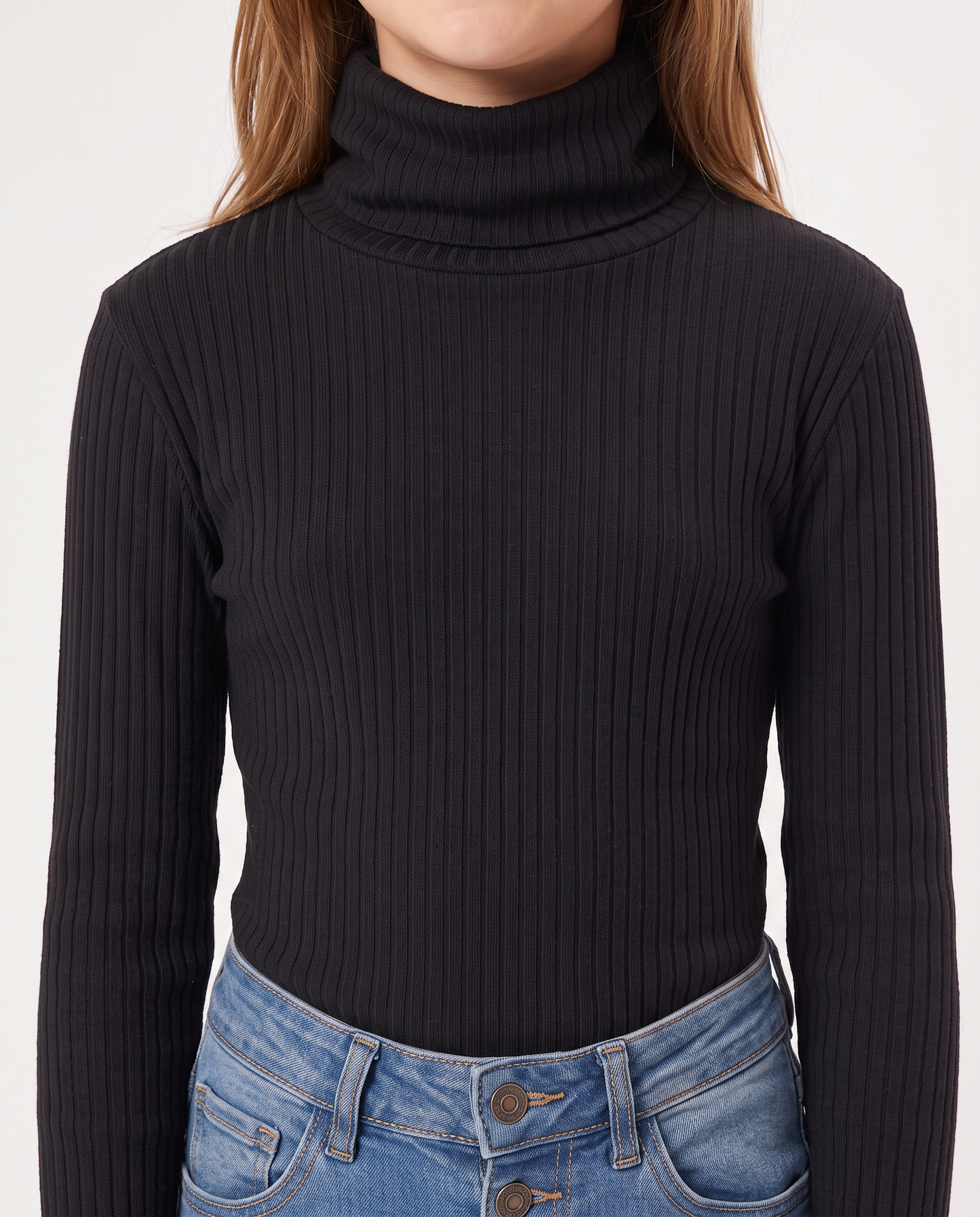 High Neck Ribbed Sweater for Girls - Black