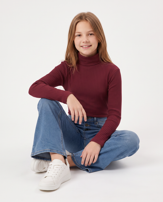 High Neck Ribbed Sweater for Girls - Red