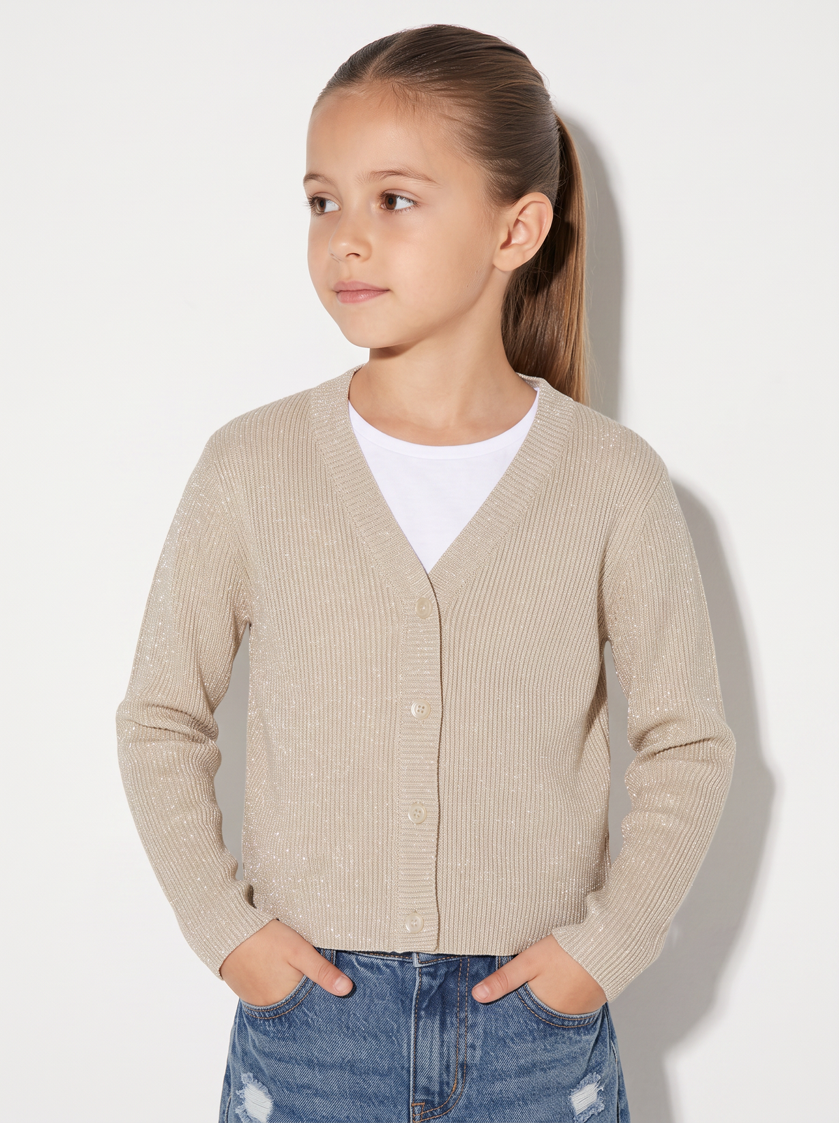 Metallic V-neck Cardigan for Girls - Beige