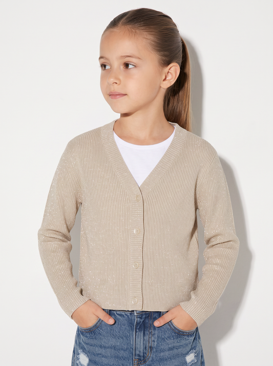 Metallic V-neck Cardigan for Girls - Beige