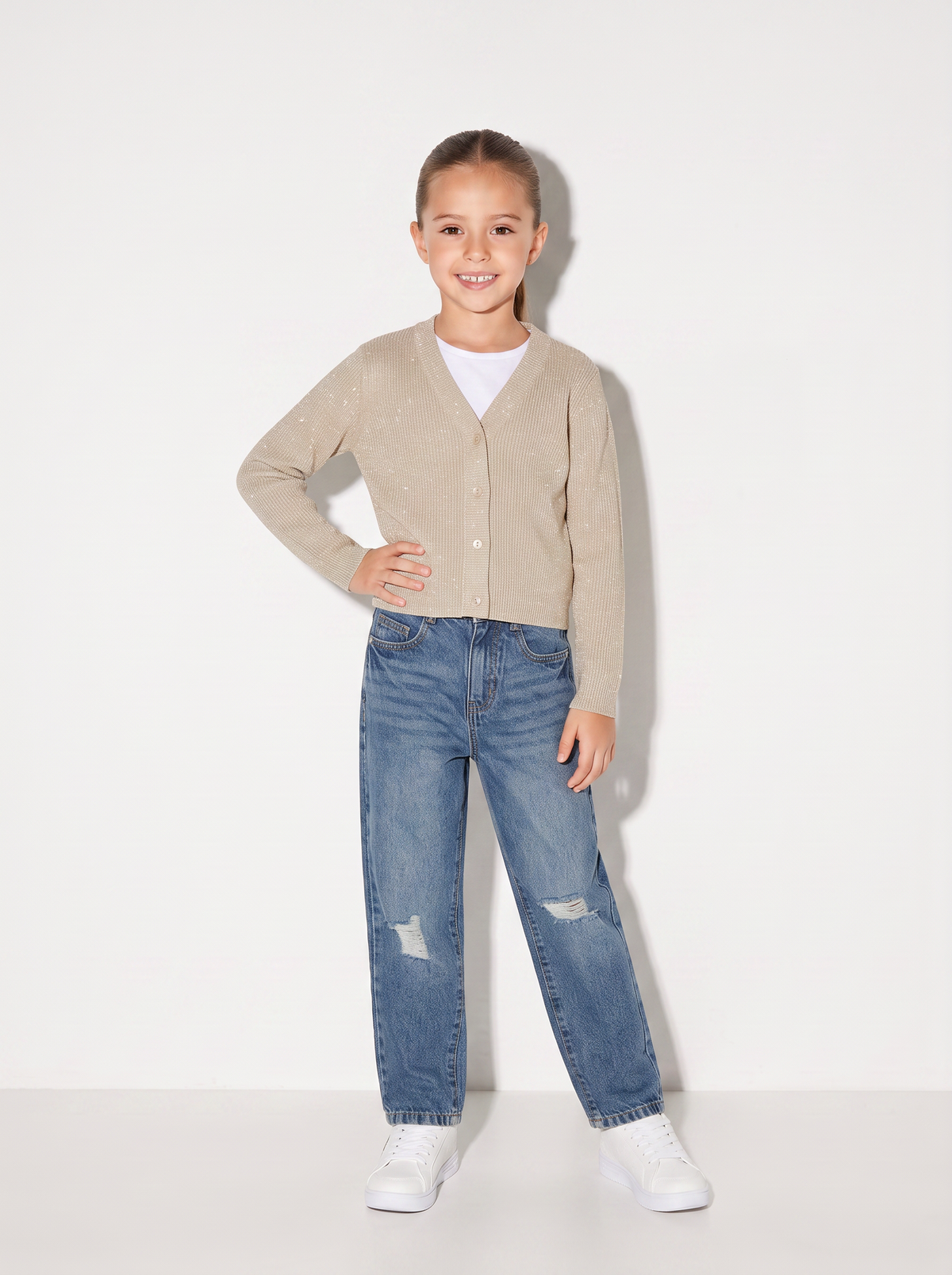 Metallic V-neck Cardigan for Girls - Beige