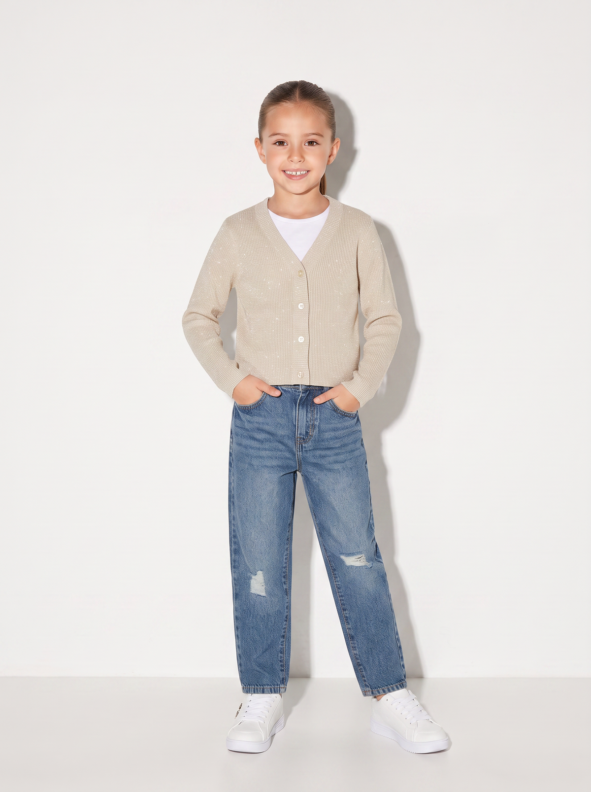 Metallic V-neck Cardigan for Girls - Beige