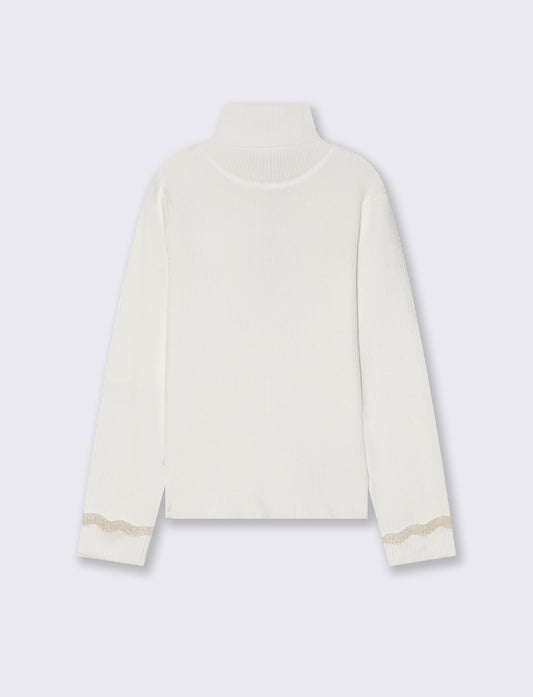 High-neck sweater with metallic cuff - White