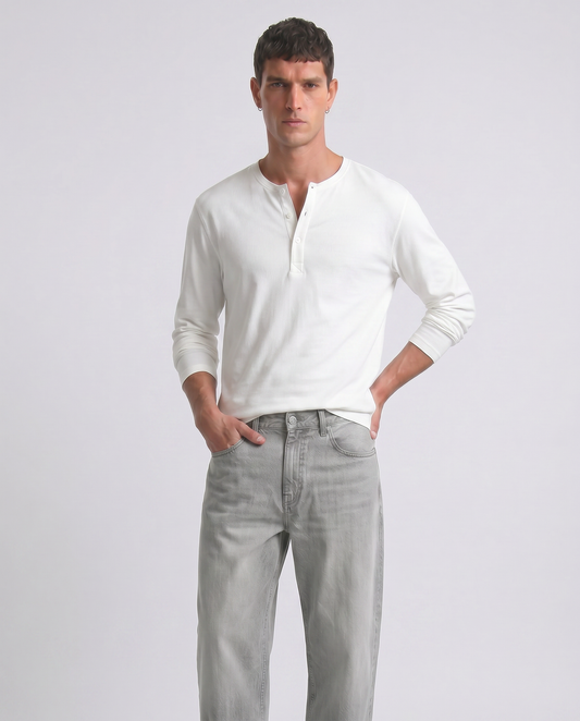 T-shirt Serafino a costine con maniche lunghe - Bianco