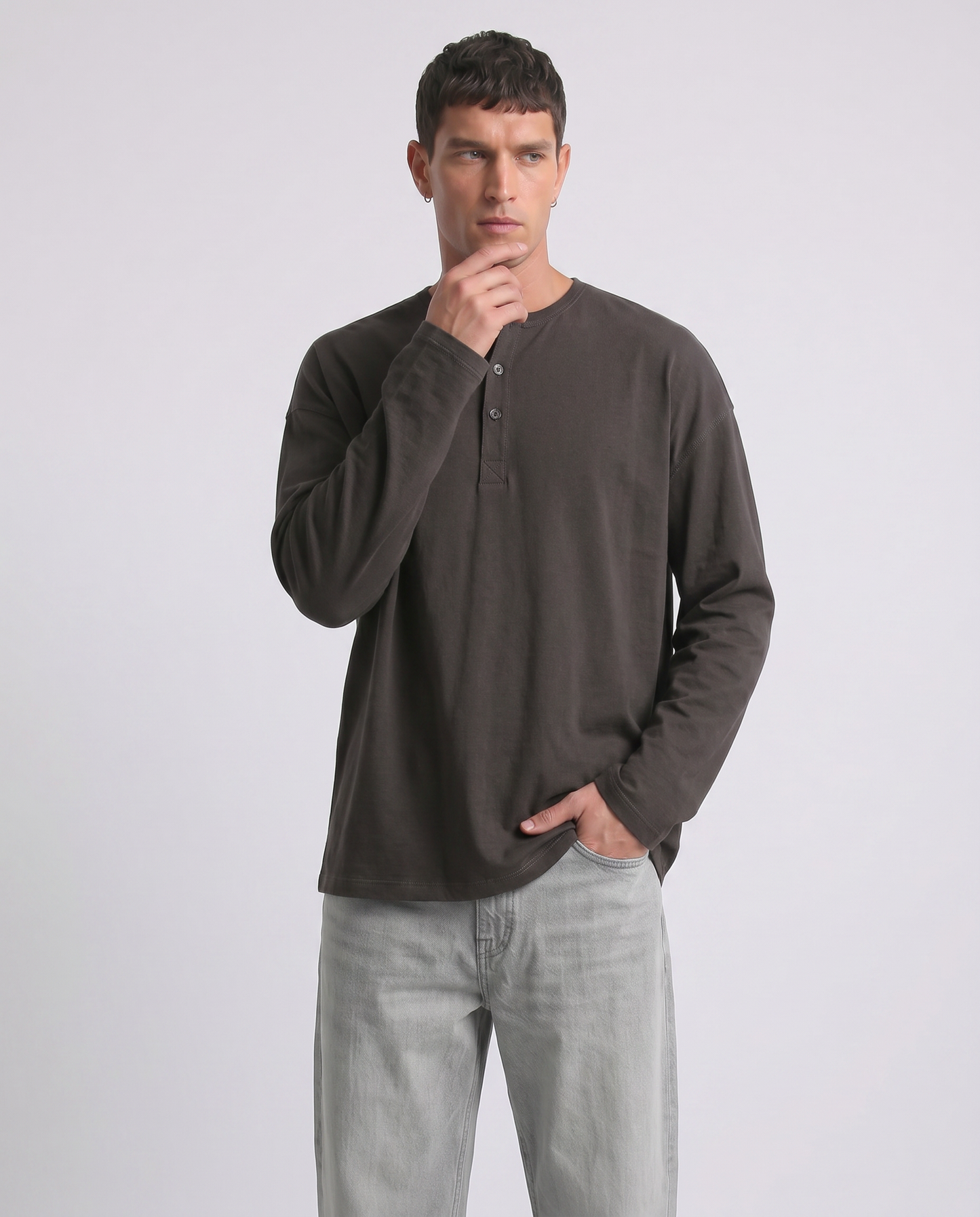 Ribbed Long Sleeve Serafino T-shirt - Brown