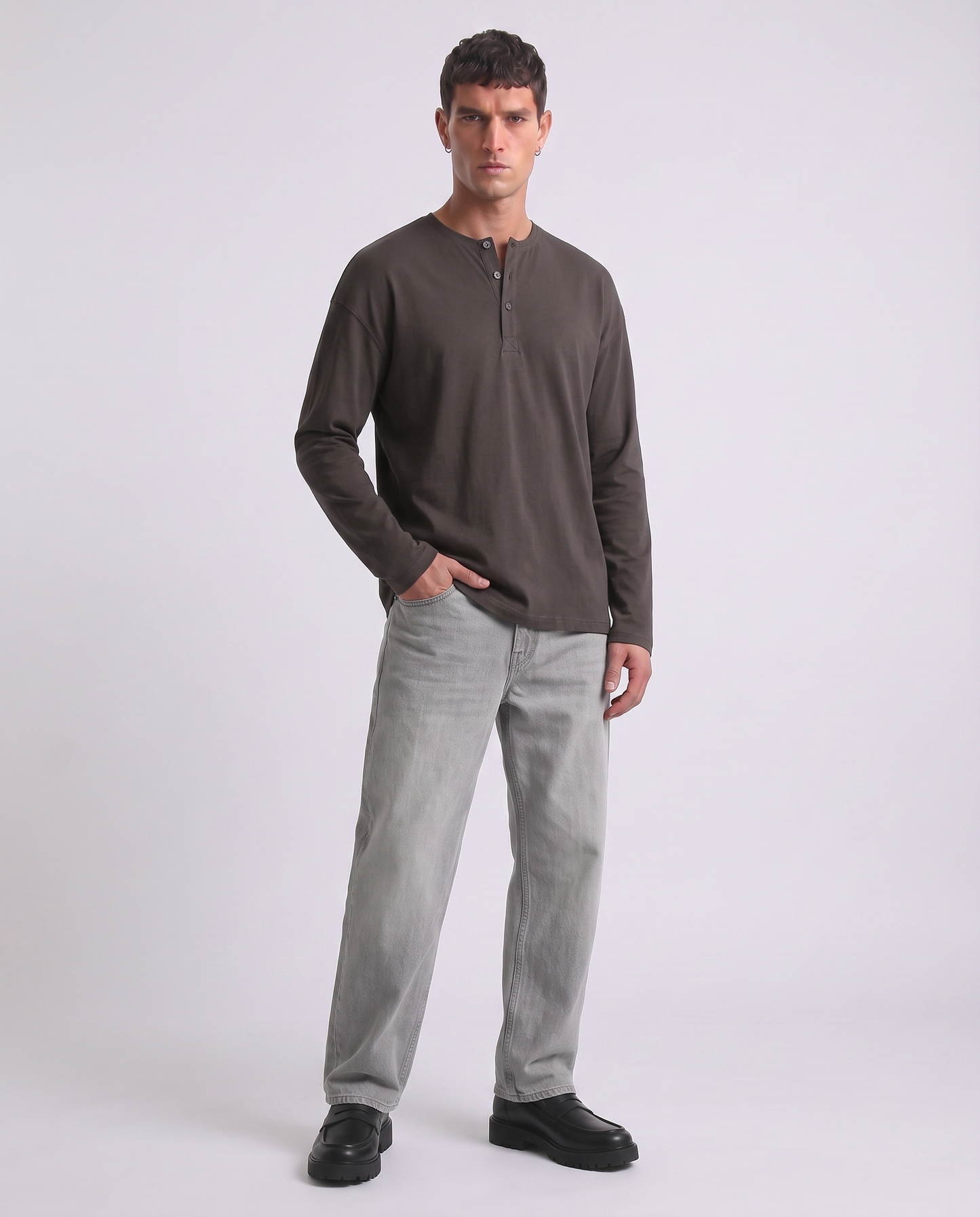 Ribbed Long Sleeve Serafino T-shirt - Brown