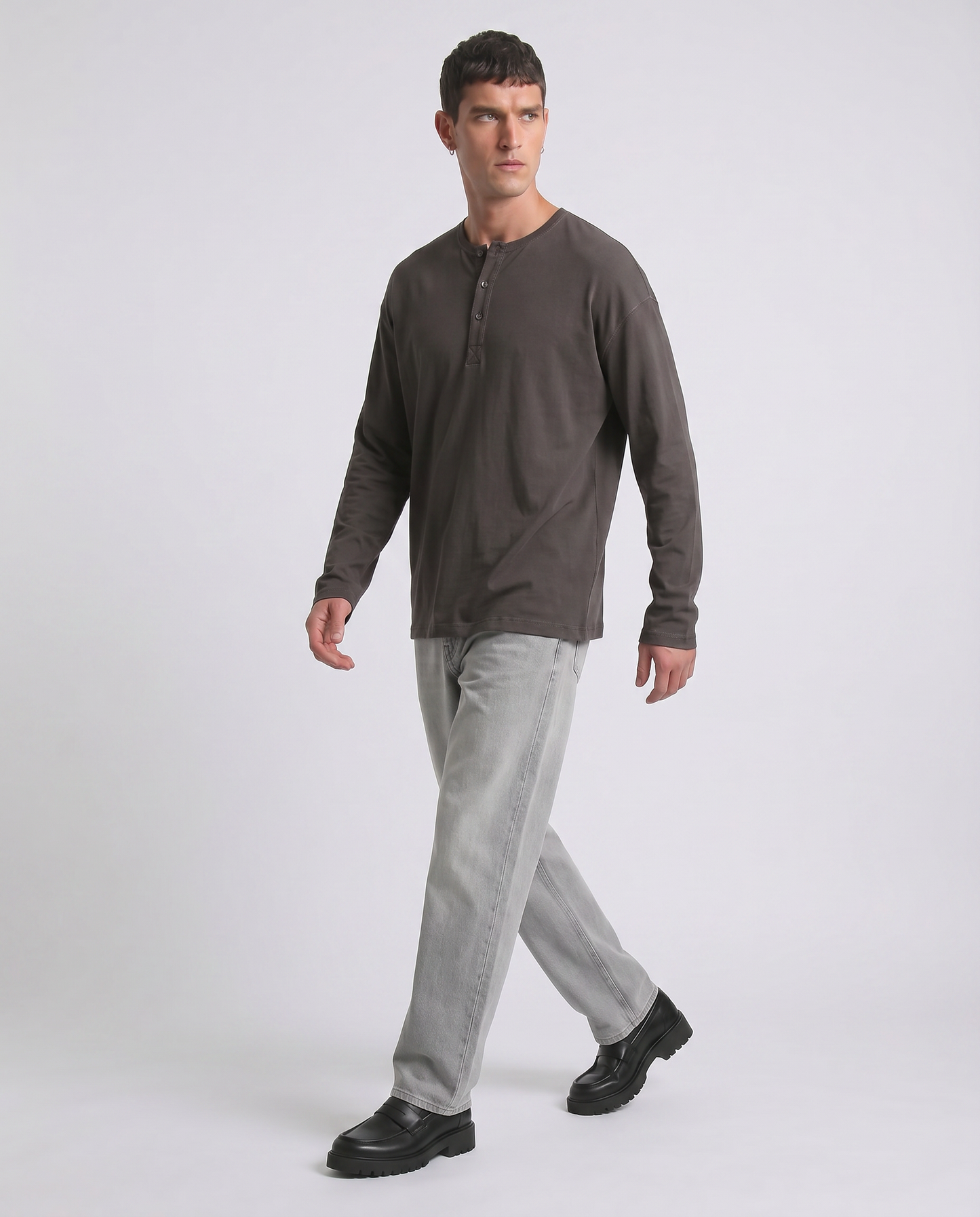 Ribbed Long Sleeve Serafino T-shirt - Brown
