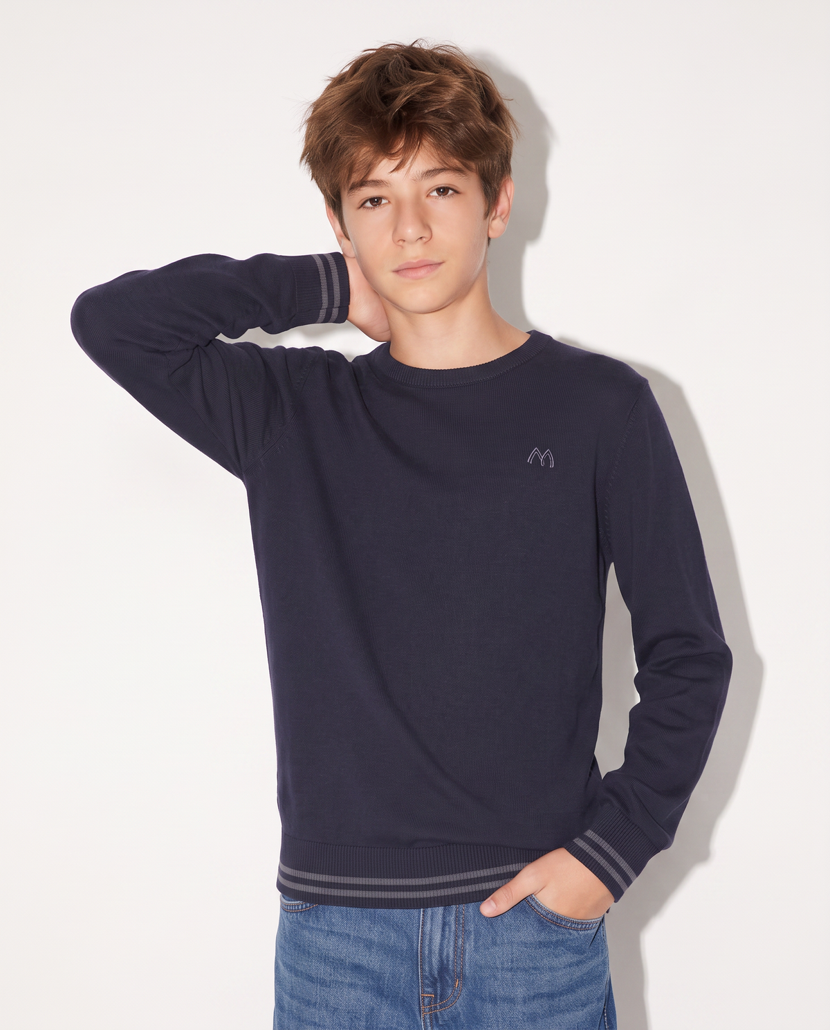 Crew neck sweater with patch sleeves - Blue