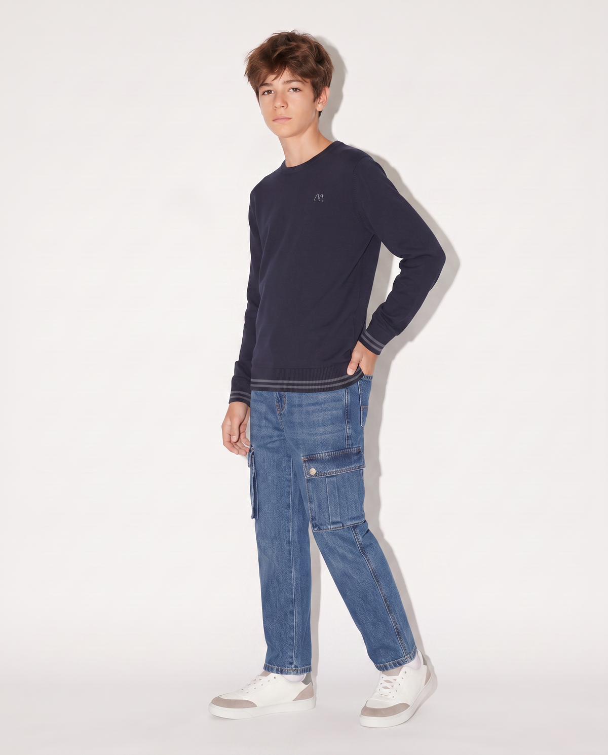 Crew neck sweater with patch sleeves - Blue