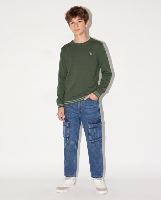 Maglioncino girocollo con toppe maniche - Verde abete