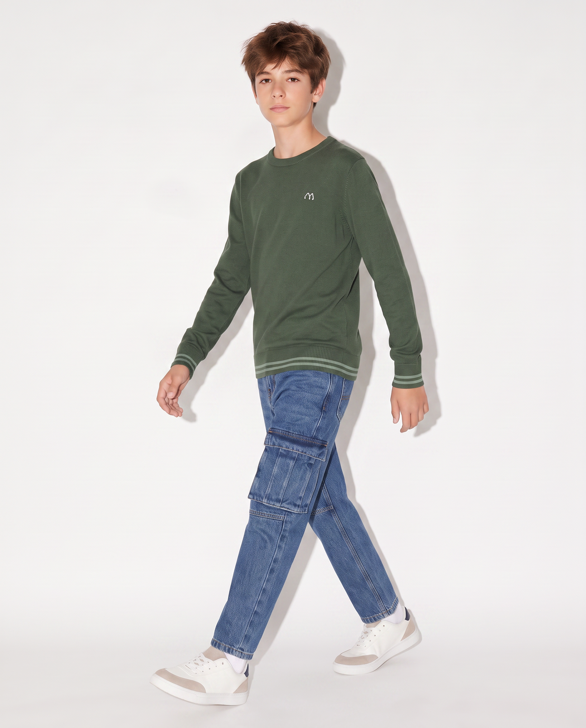 Crew neck sweater with patch sleeves - Green