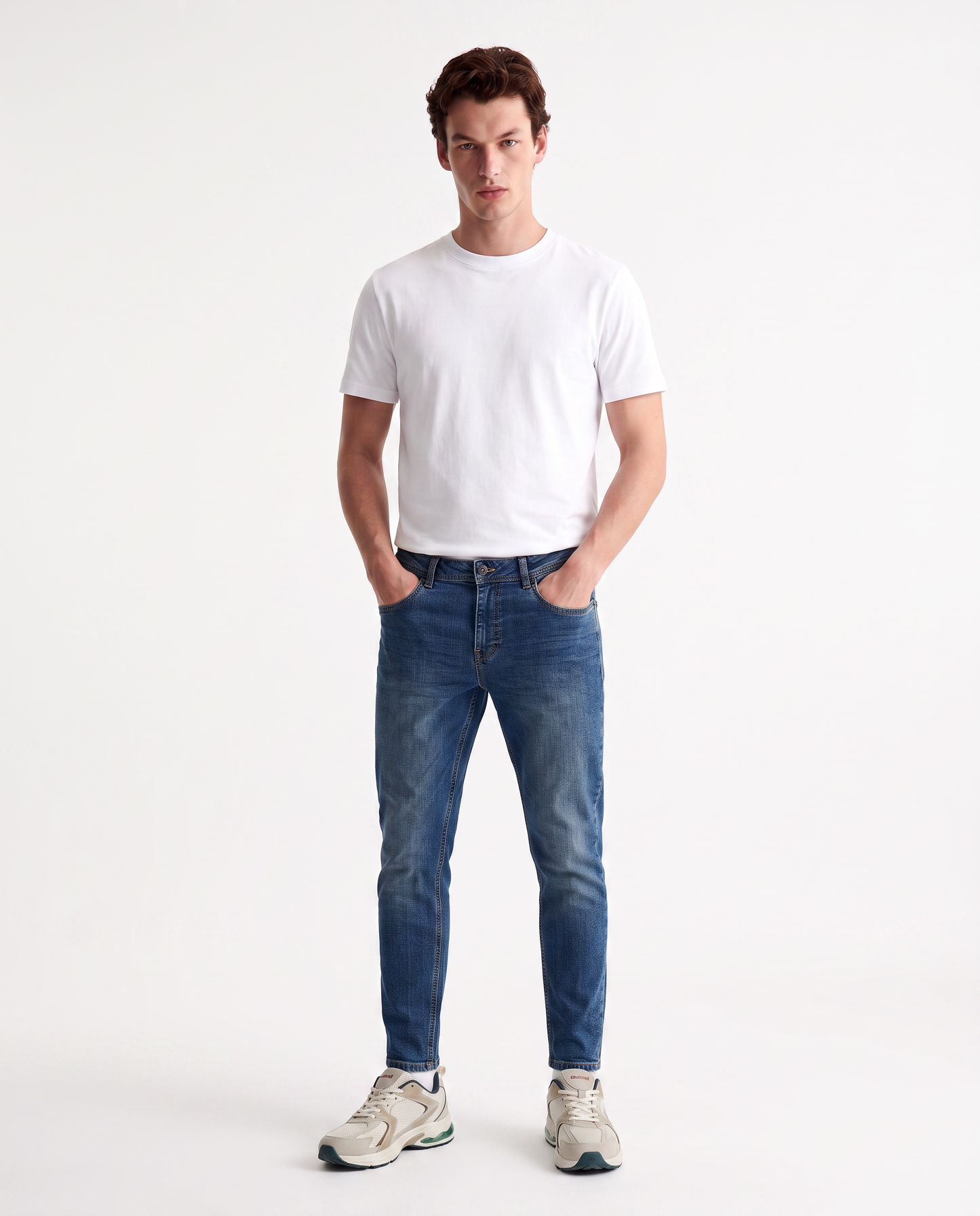 Jeans slim tapered fit blu medio effetto slavato - Denim