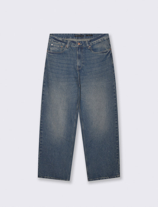 Jeans Wide Leg Blu Medio Effetto Slavato - Denim