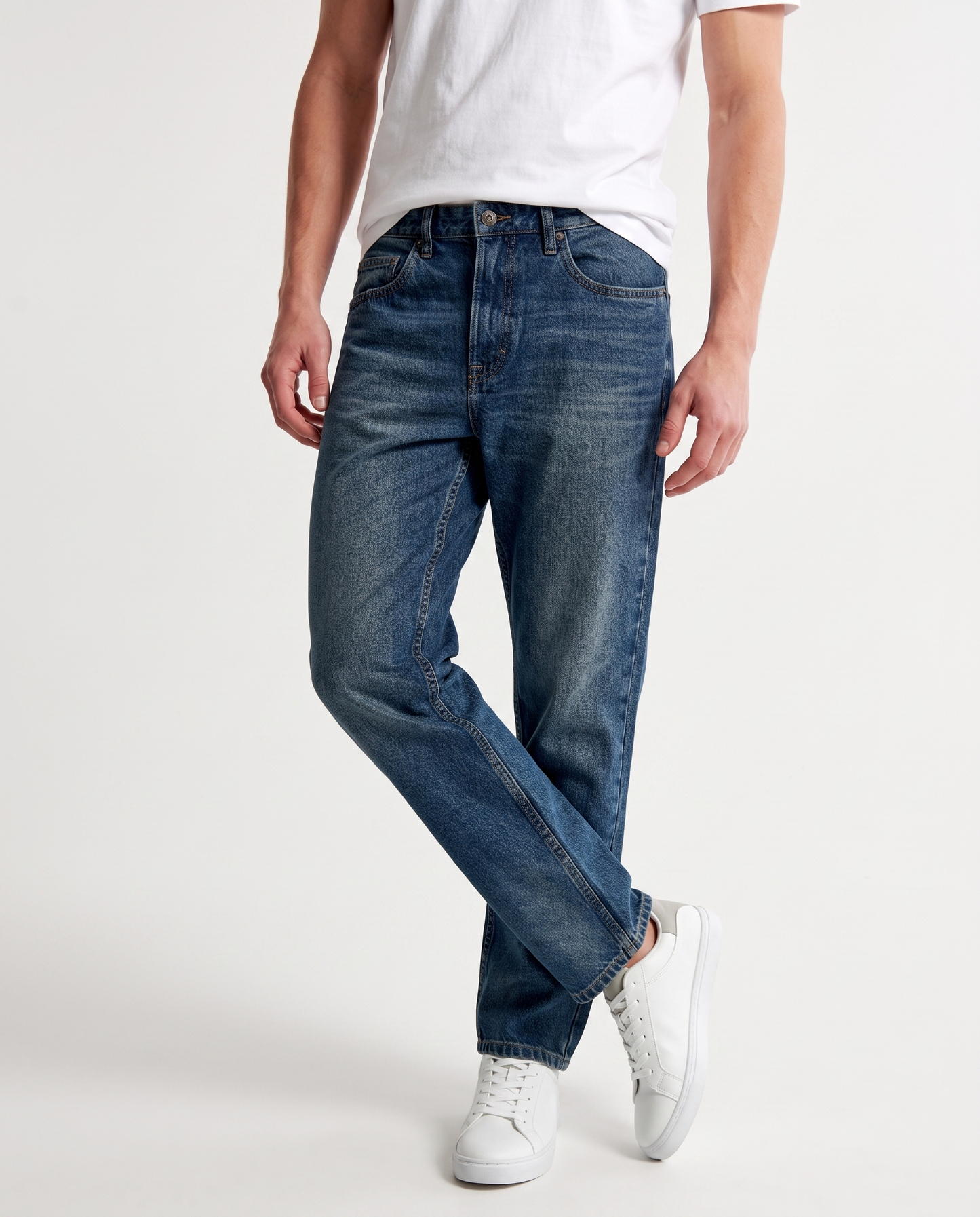 Medium Blue Straight Fit Five Pocket Jeans - Blue
