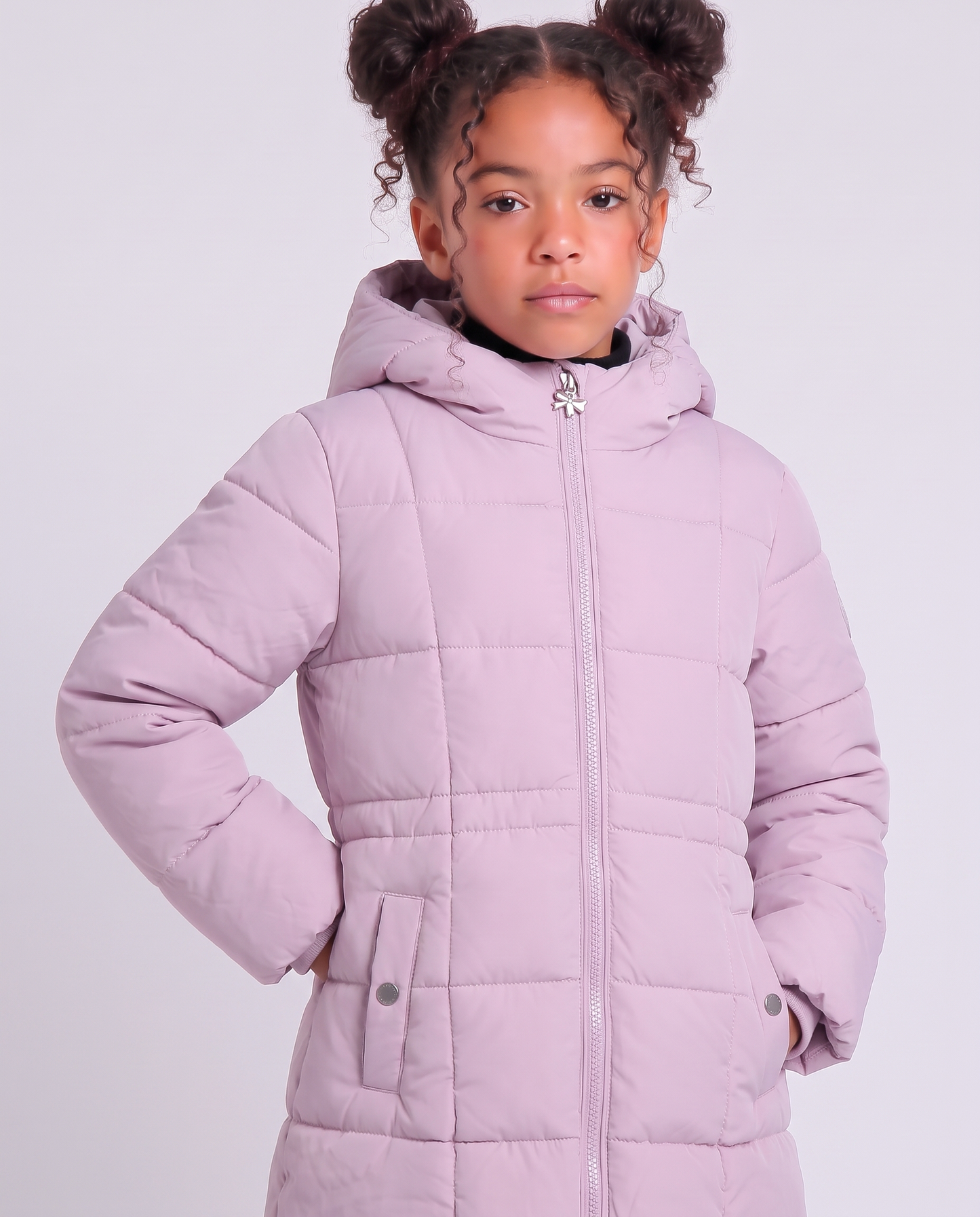 Long padded jacket with hood for girls - Pink