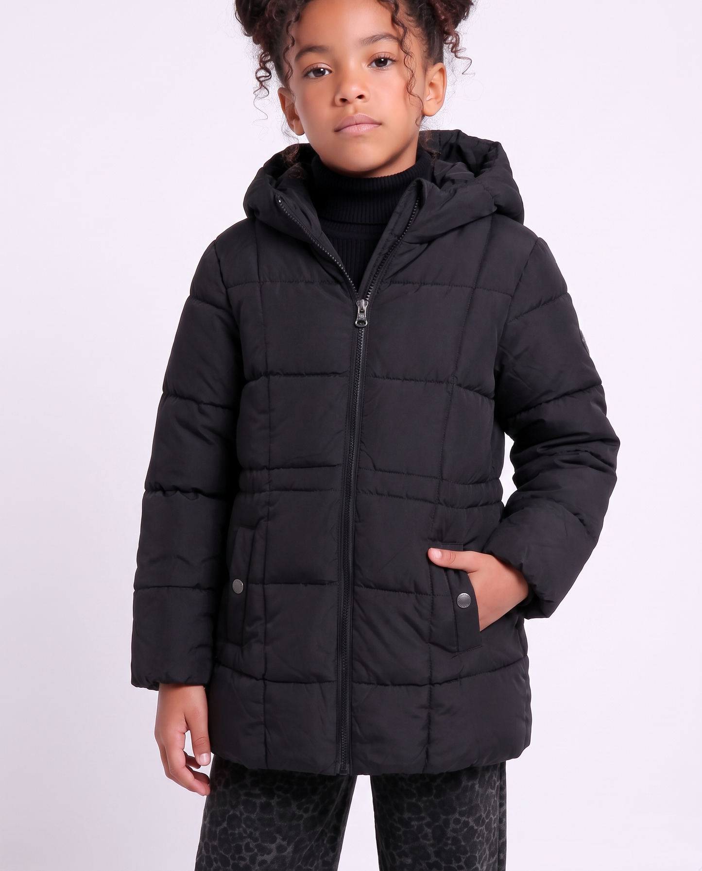Long padded jacket with hood for girls - Black