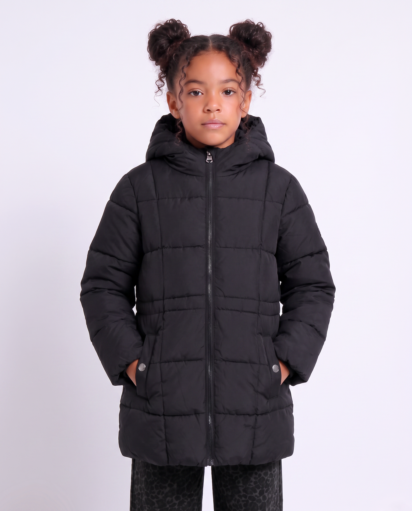 Long padded jacket with hood for girls - Black